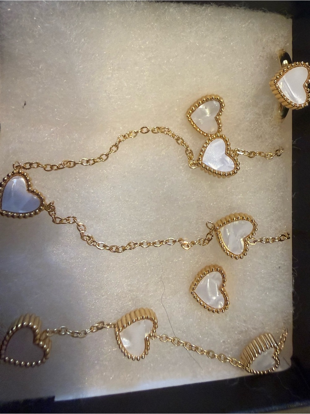 Gold Tone Heart Necklace and Earrings Set with White Mother-of-Pearl Inlay